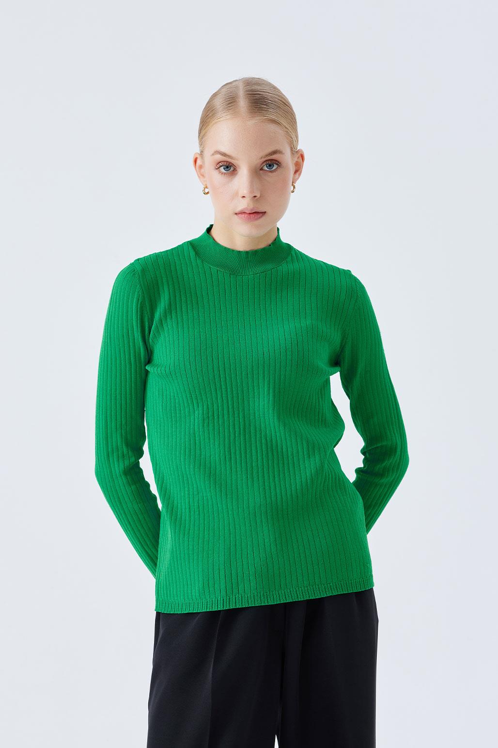 Basıc Fitilli Triko Bluz Yeşil