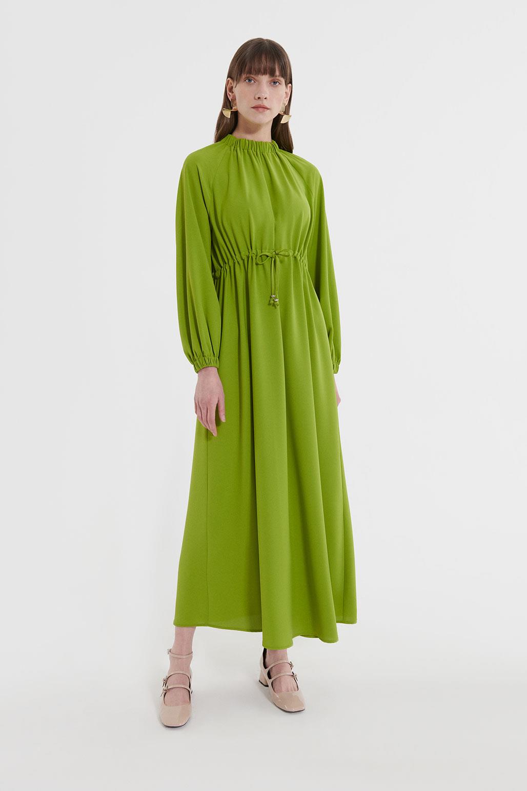Beli Büzgü Bağlamalı Elbise Olive