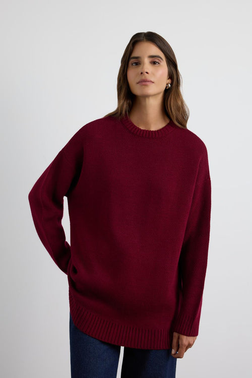 Bisiklet Yaka Basic Triko Kazak Bordo