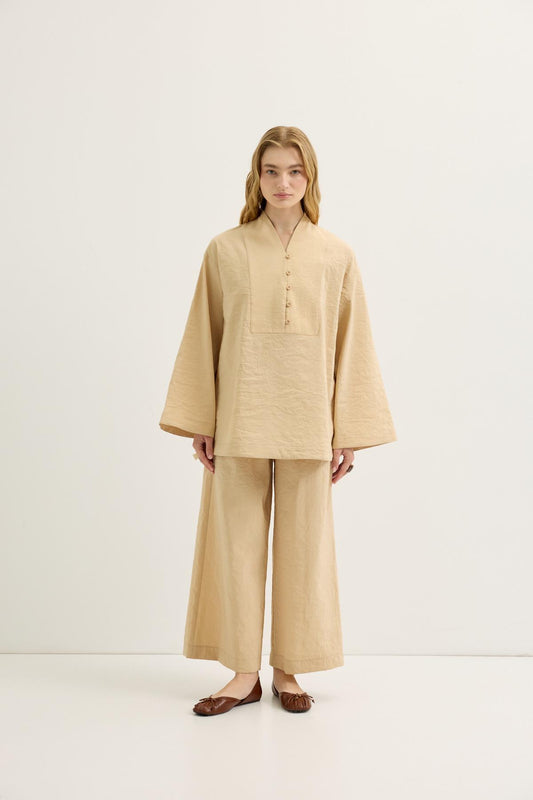 Britli Oversize Tunik Pantolon Takım Deve Tüyü