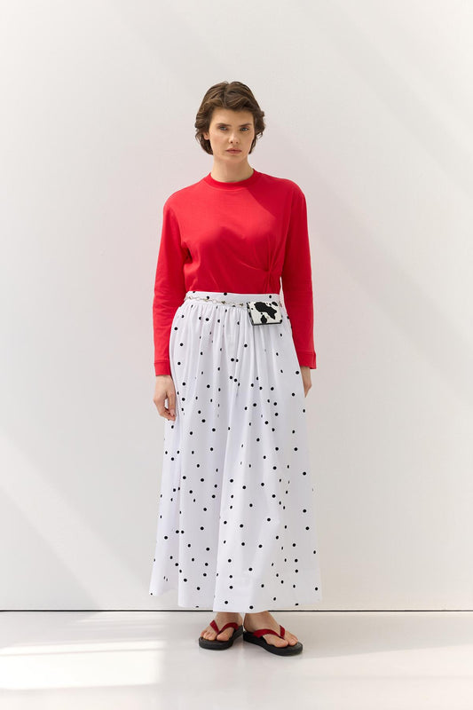 Büzgülü Puantiye Desenli Etek Beyaz