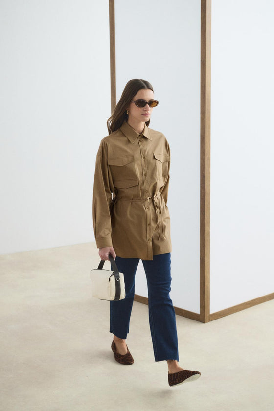 Cepli Biye Kemerli Oversize Gömlek Camel