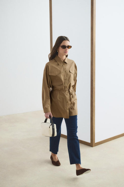 Cepli Biye Kemerli Oversize Gömlek Camel