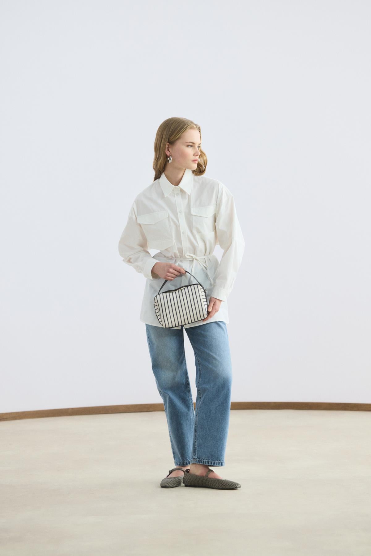 Cepli Biye Kemerli Oversize Gömlek Ekru