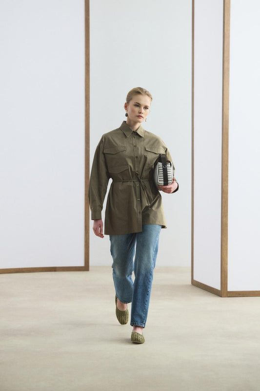 Cepli biye kemerli salaş kalıp gömlek haki renk