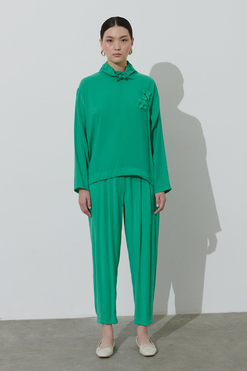 Çiçek İşleme Detaylı Tencel Tunik Pantolon Takım Yeşil