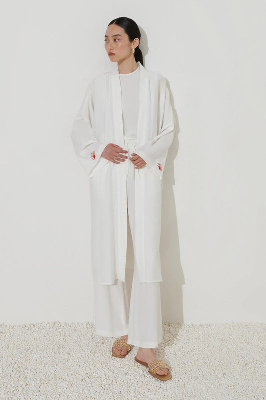 Çiçek Nakış Detaylı Abaya Ekru
