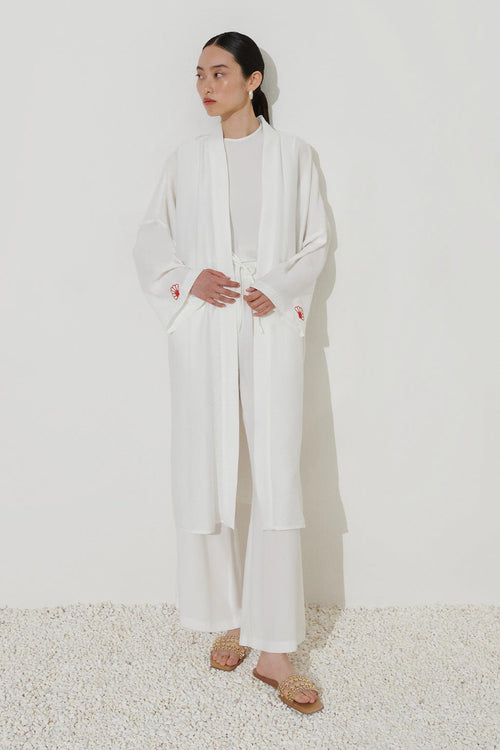 Çiçek Nakış Detaylı Abaya Ekru
