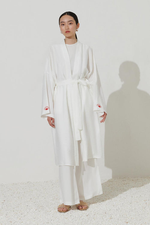 Çiçek Nakış Detaylı Abaya Ekru