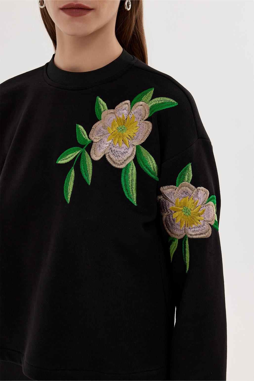 Çiçek Nakışlı Hoodie Çan Etek Takım Siyah