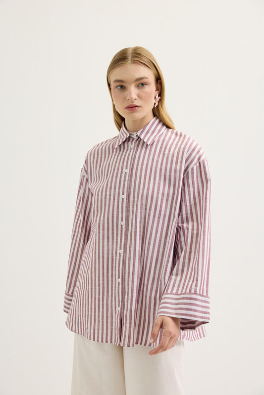 Çizgili Oversize Keten Gömlek Bordo