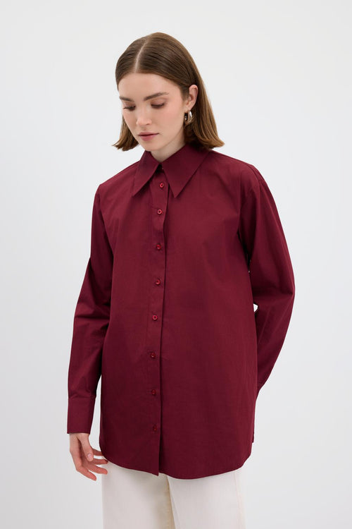Cotton Basic Gömlek Bordo