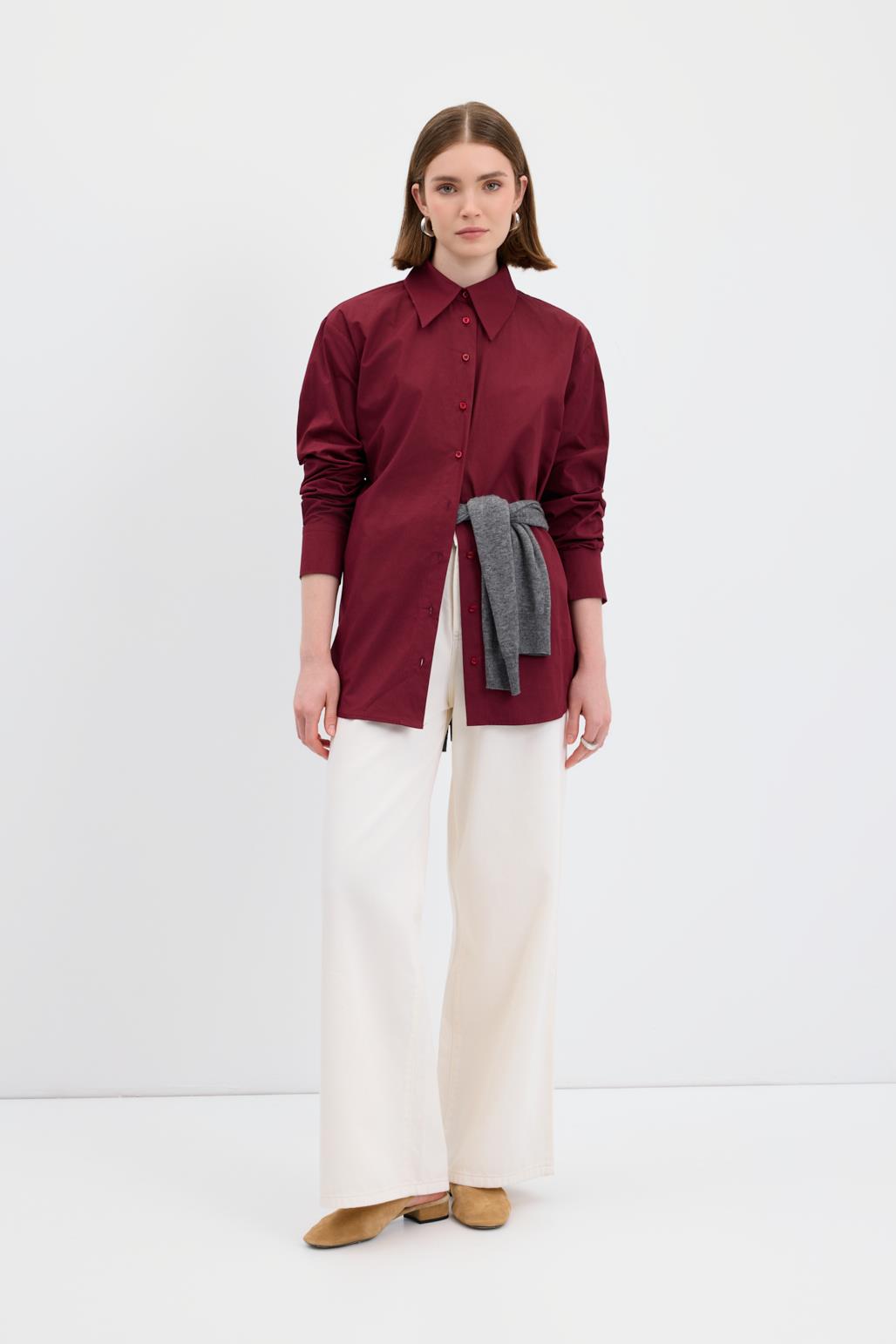 Cotton Basic Gömlek Bordo