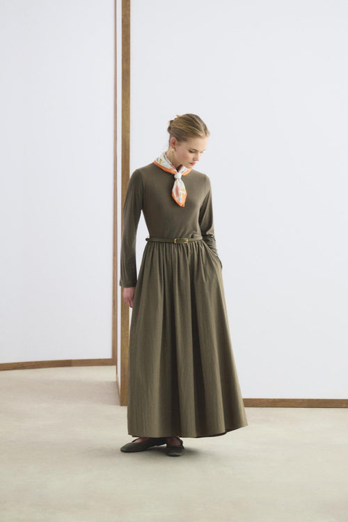 Dar Kesim Kemerli Mix Elbise Yeşil