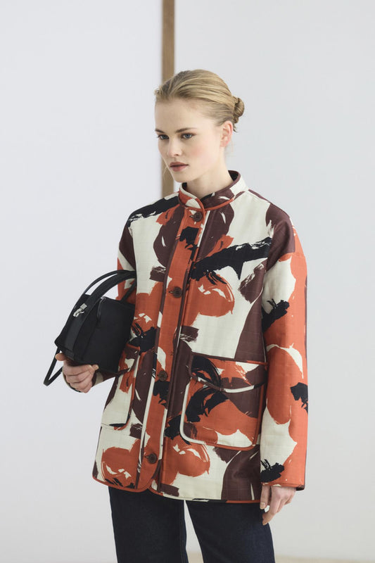 Desenli Hakim Yaka Kapak Cepli İnce Kapitone Ceket Kahverengi