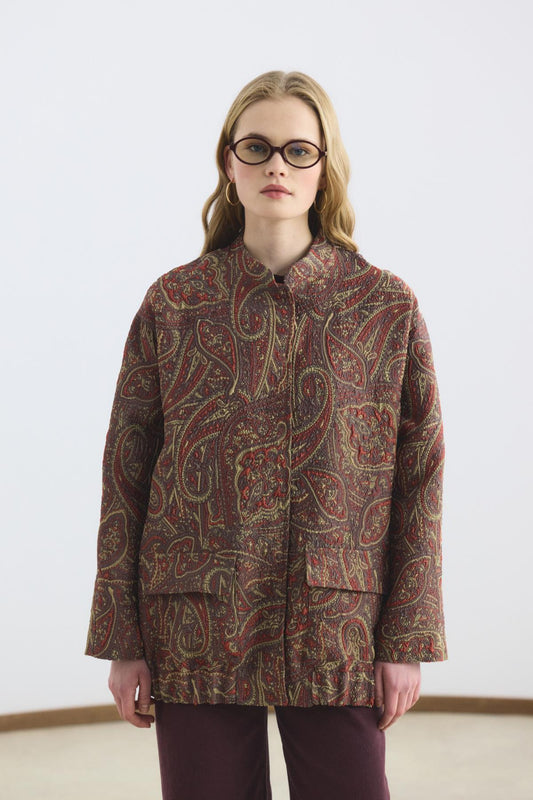 Desenli Jakar Bomber Ceket Kahverengi