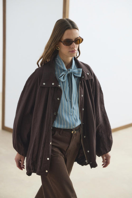 Dik Yaka Büzgülü Bomber Ceket Kahverengi