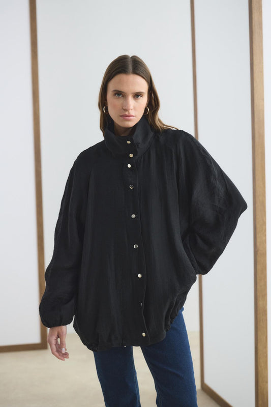 Dik Yaka Büzgülü Bomber Ceket Siyah