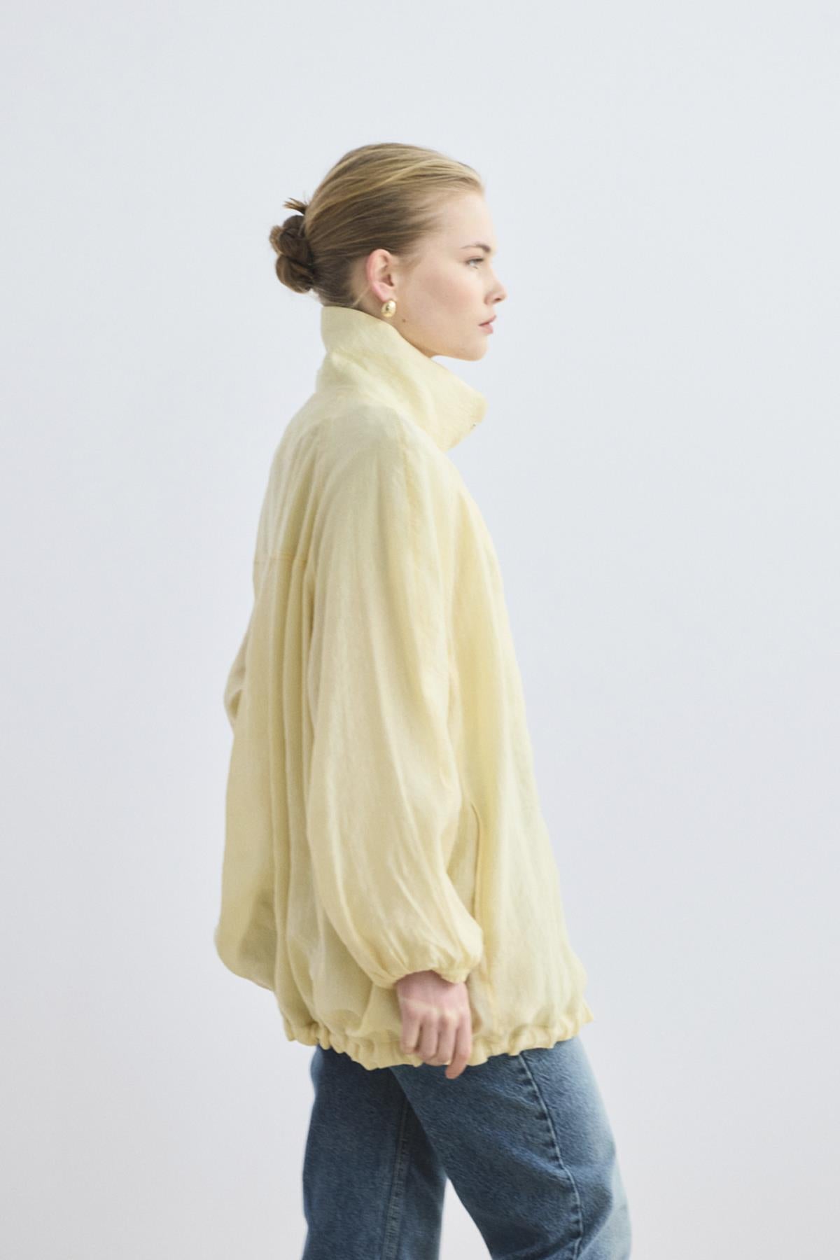 Dik Yaka Büzgülü Bomber Ceket Tereyağı Sarısı