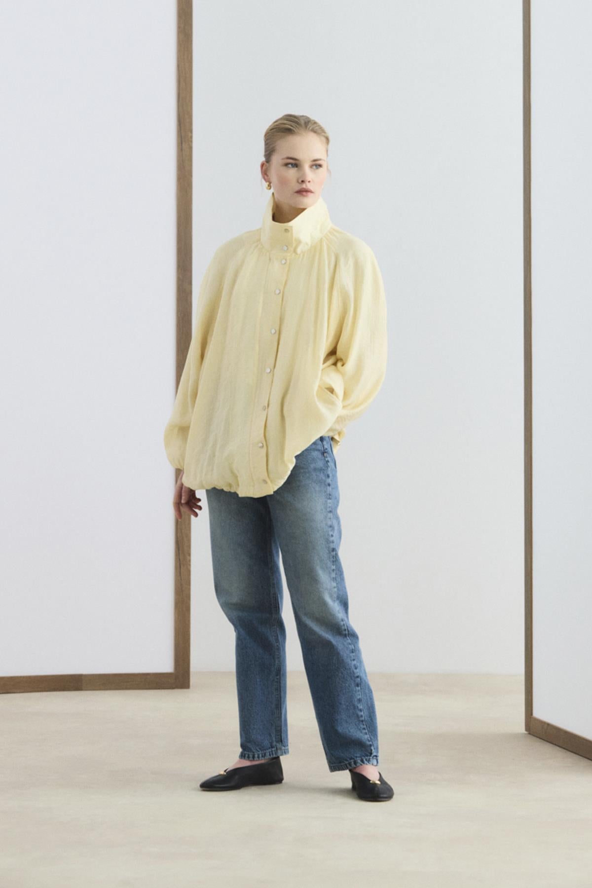 Dik Yaka Büzgülü Bomber Ceket Tereyağı Sarısı