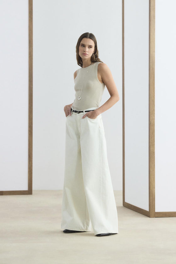 Dökümlü Bol Kot Pantolon Ekru