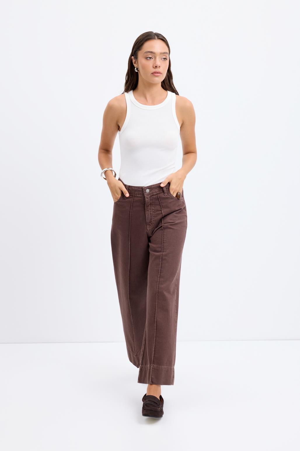 Double Paça Gabardin Pantolon Kahve