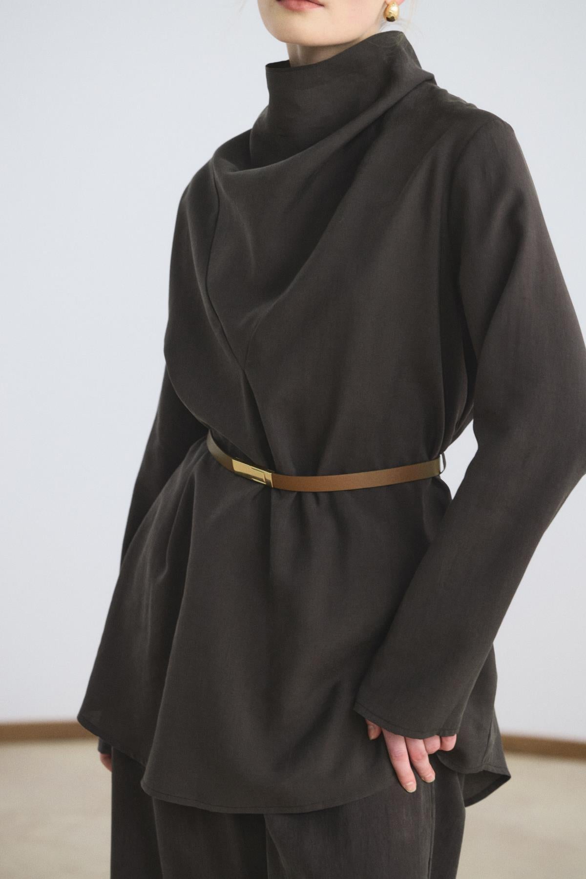 Acı Kahve Drape Yaka Tensel Tunik Pantolon Takımı