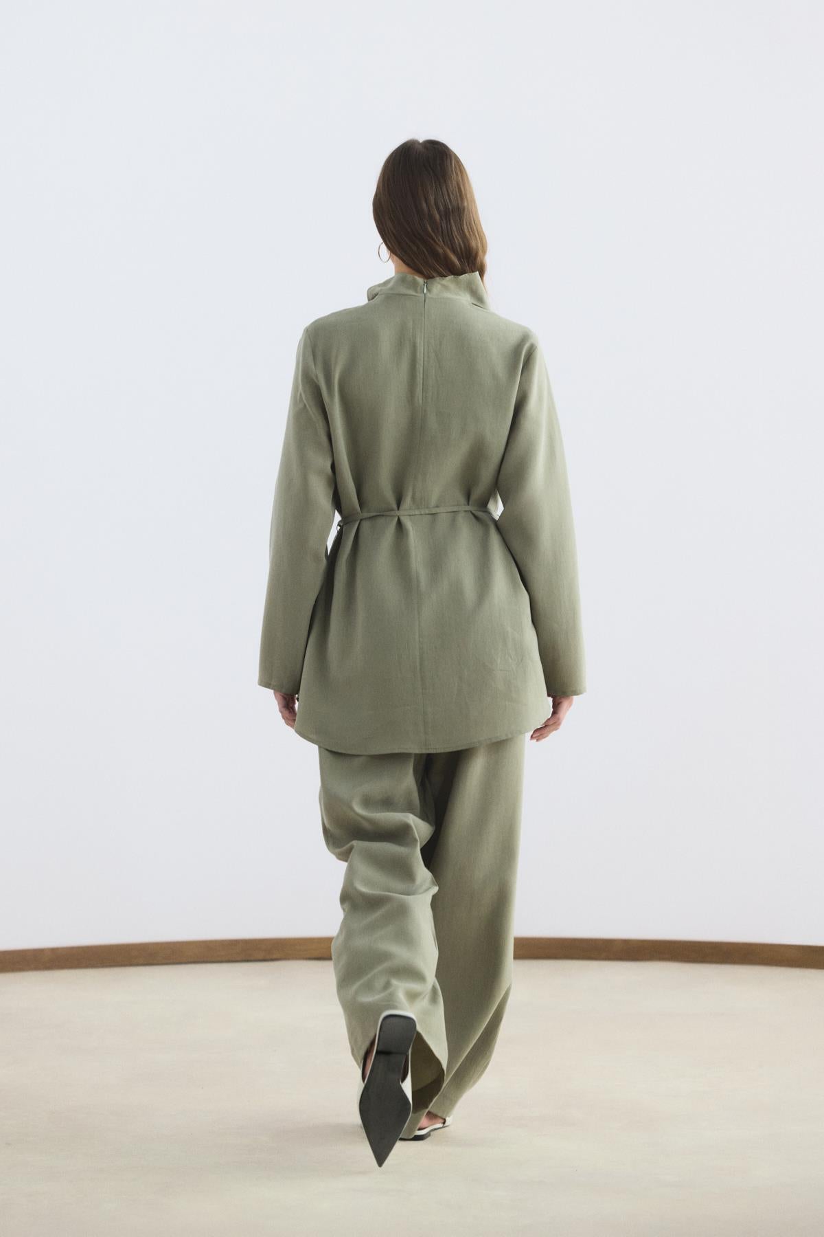 Kestane Rengi Drape Yaka Tensel Tunik Pantolon Takımı