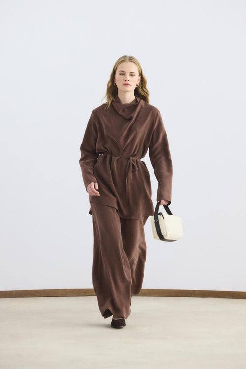 Drape Yaka Tensel Tunik Pantolon Takım Kestane