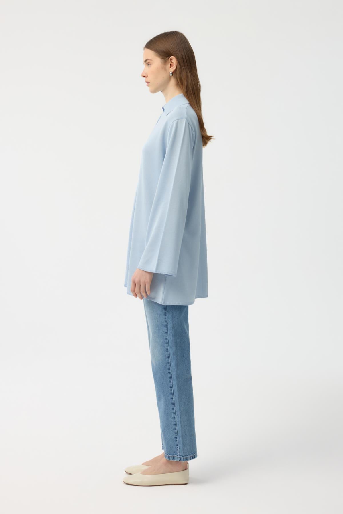 Düğmeli İnce Triko Hırka Mavi