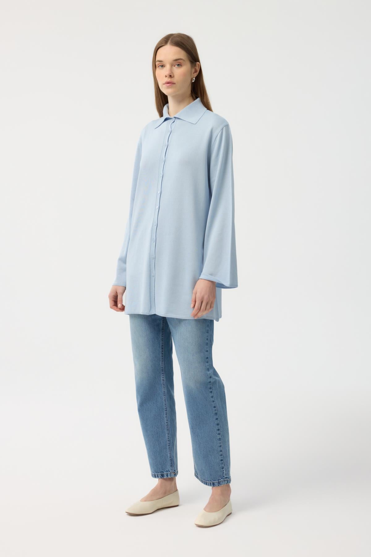 Düğmeli İnce Triko Hırka Mavi