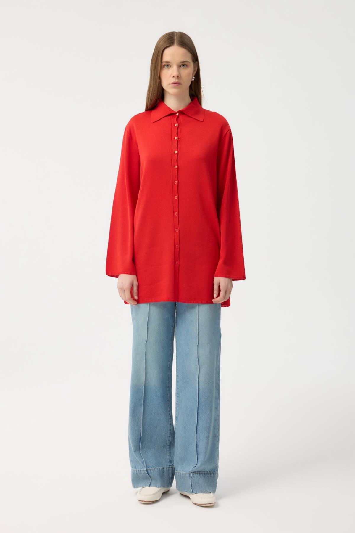 Düğmeli İnce Triko Hırka Nar Çiçeği