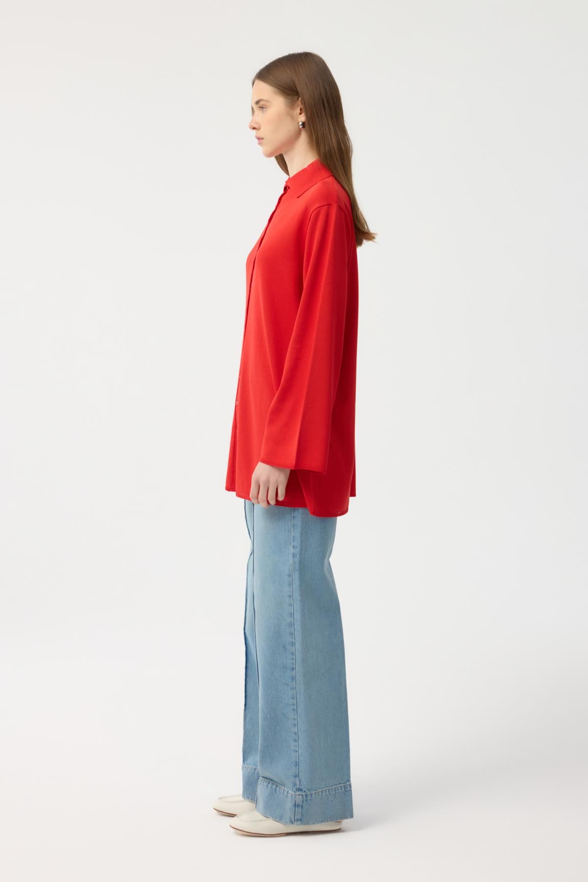 Düğmeli İnce Triko Hırka Nar Çiçeği