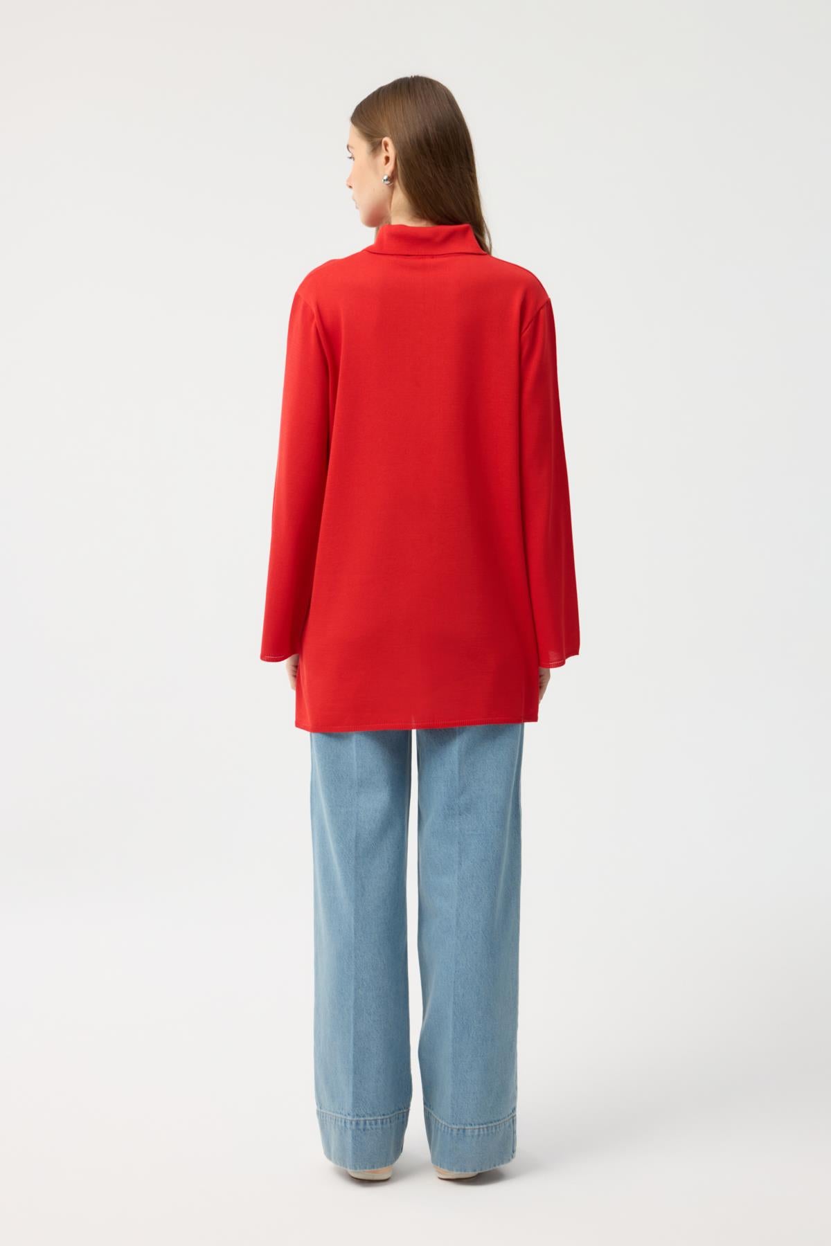 Düğmeli İnce Triko Hırka Nar Çiçeği