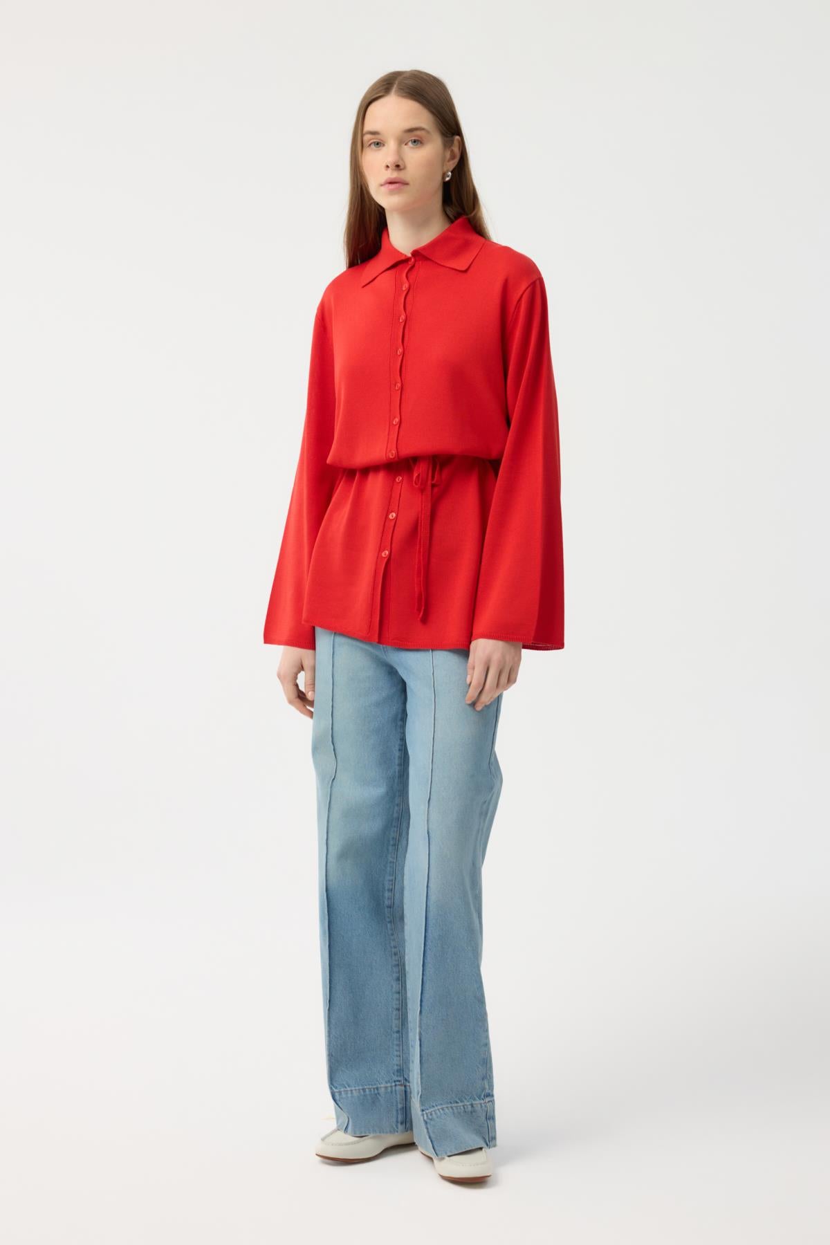 Düğmeli İnce Triko Hırka Nar Çiçeği