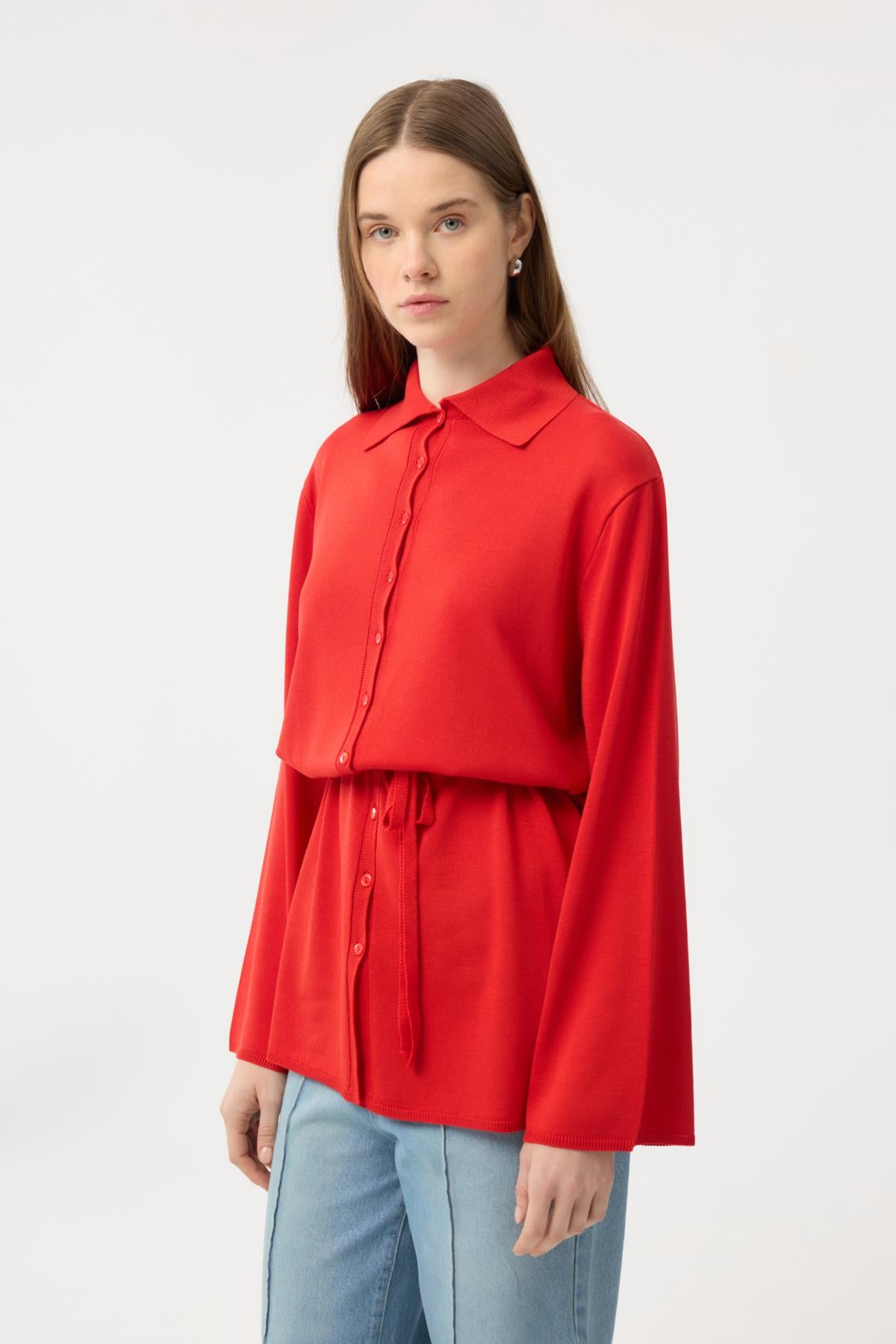 Düğmeli İnce Triko Hırka Nar Çiçeği