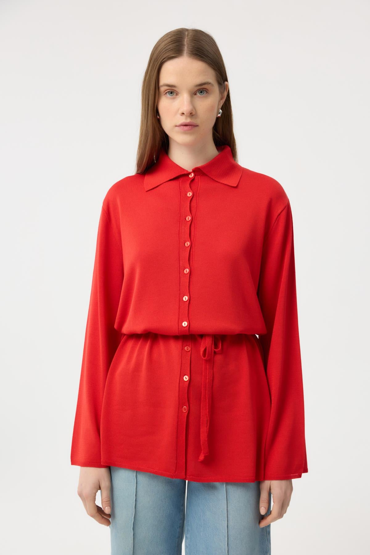 Düğmeli İnce Triko Hırka Nar Çiçeği