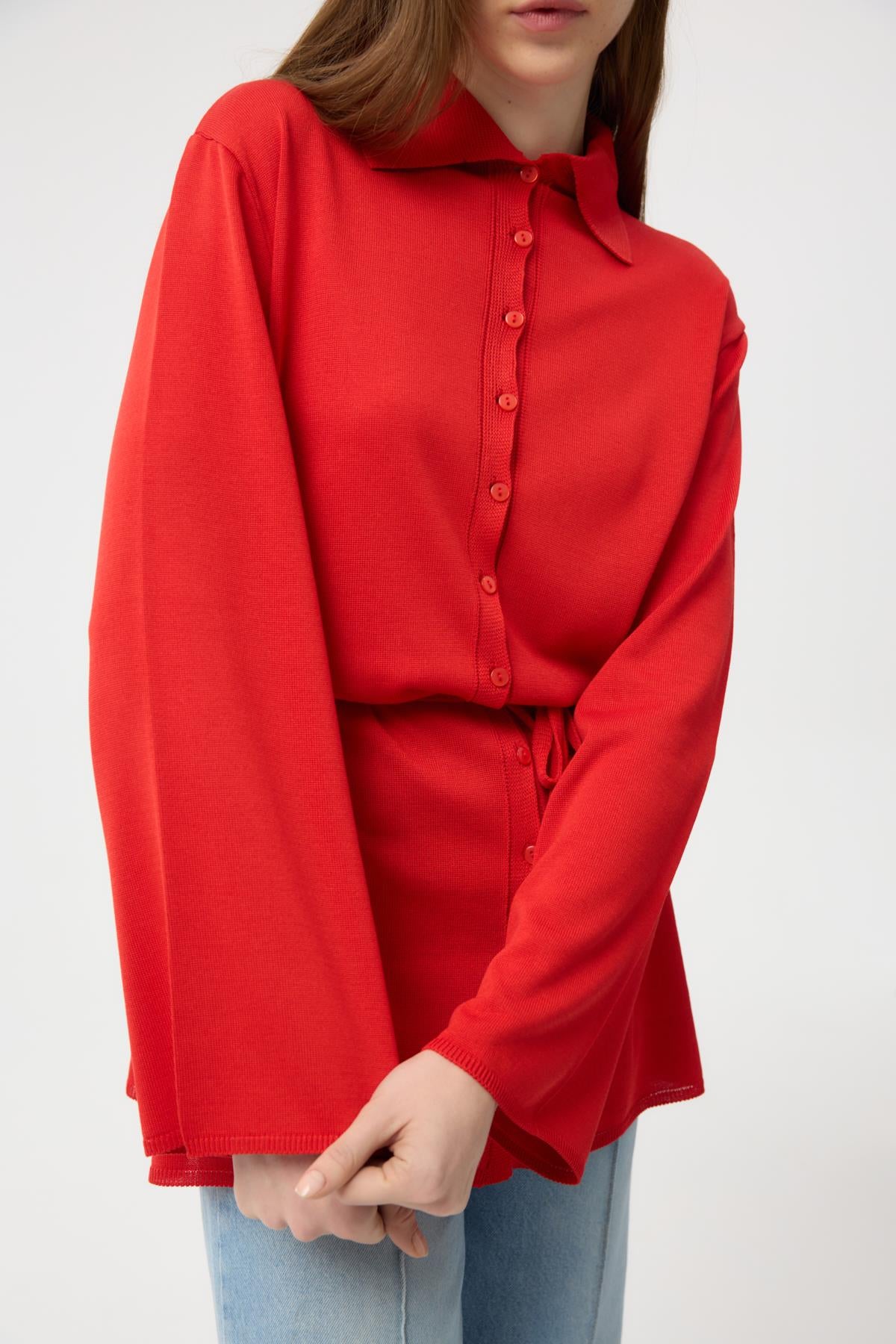 Düğmeli İnce Triko Hırka Nar Çiçeği