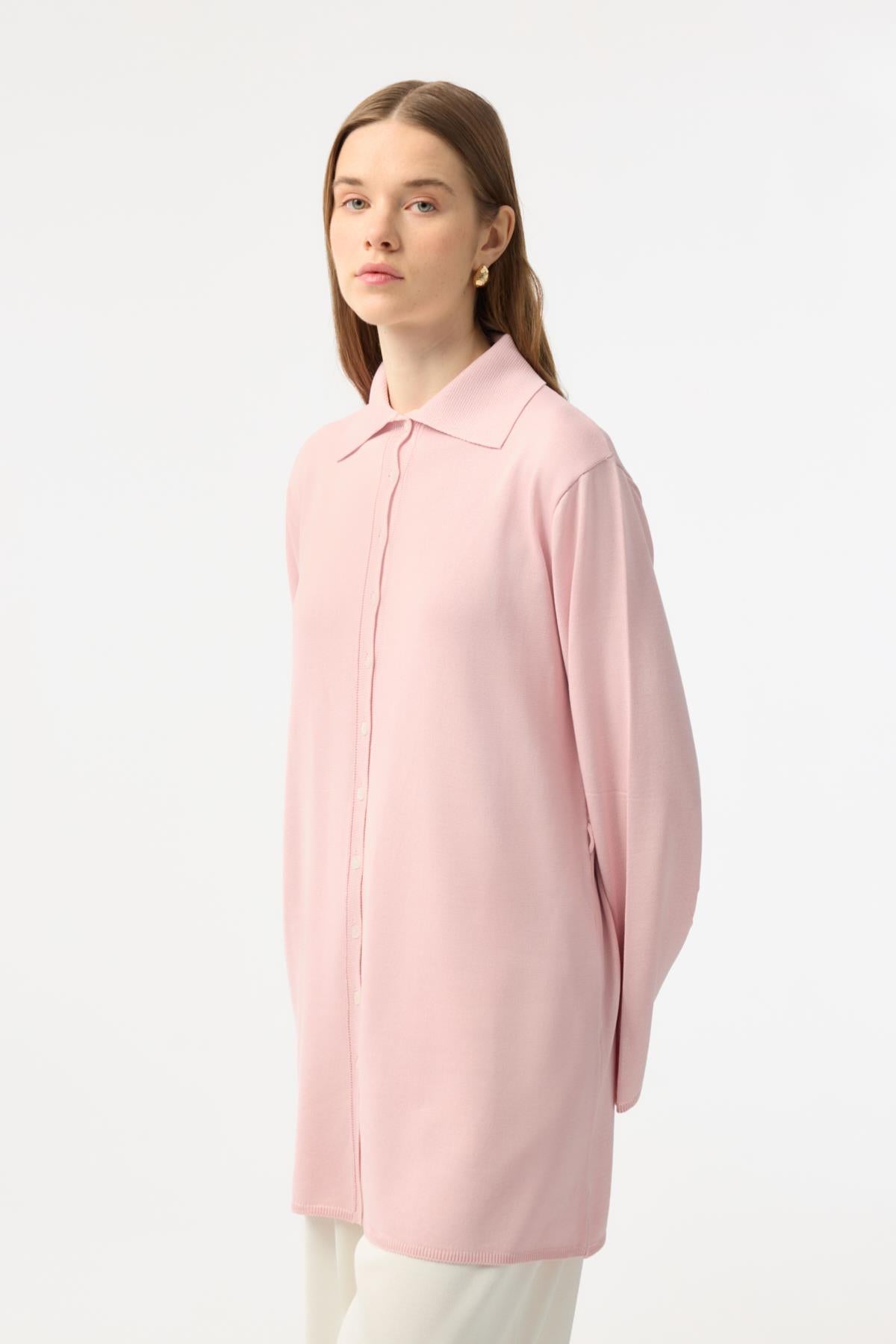 Düğmeli İnce Triko Hırka Pembe