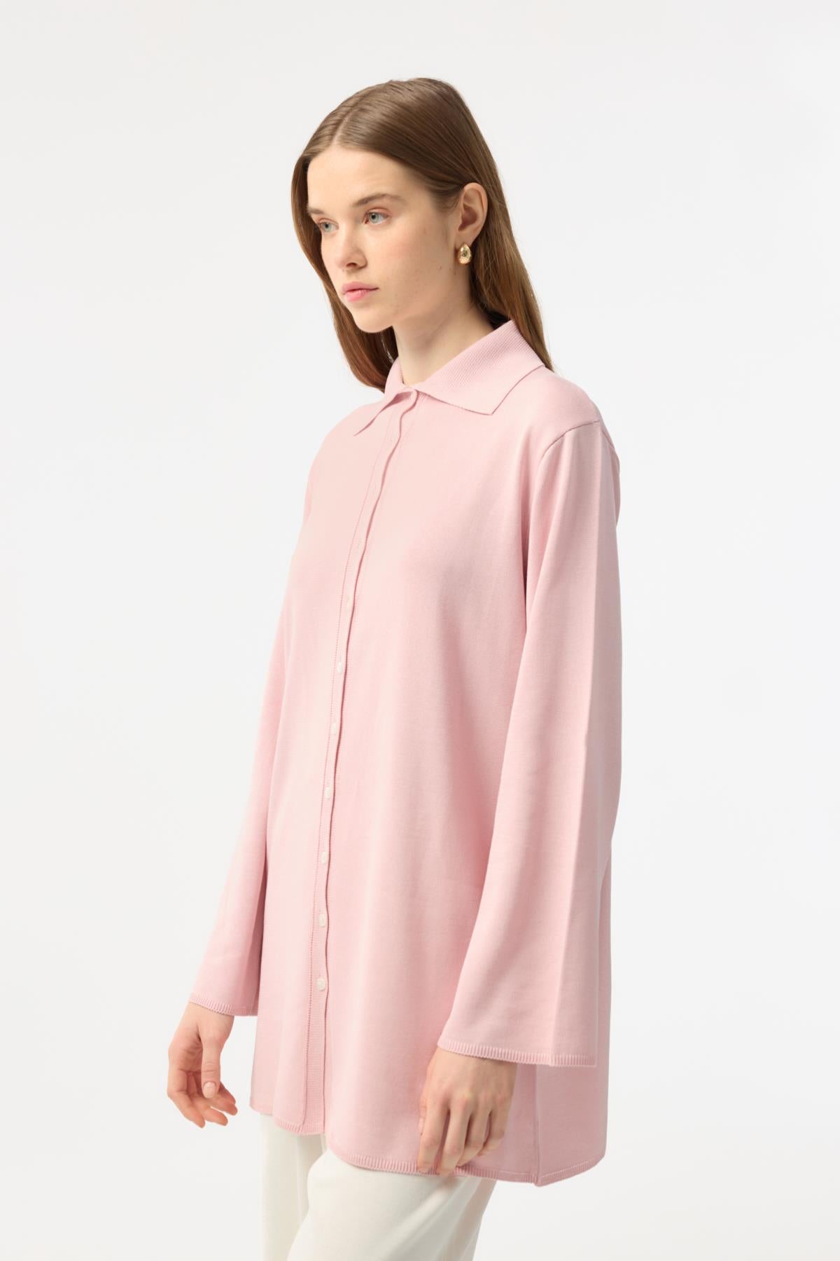 Düğmeli İnce Triko Hırka Pembe