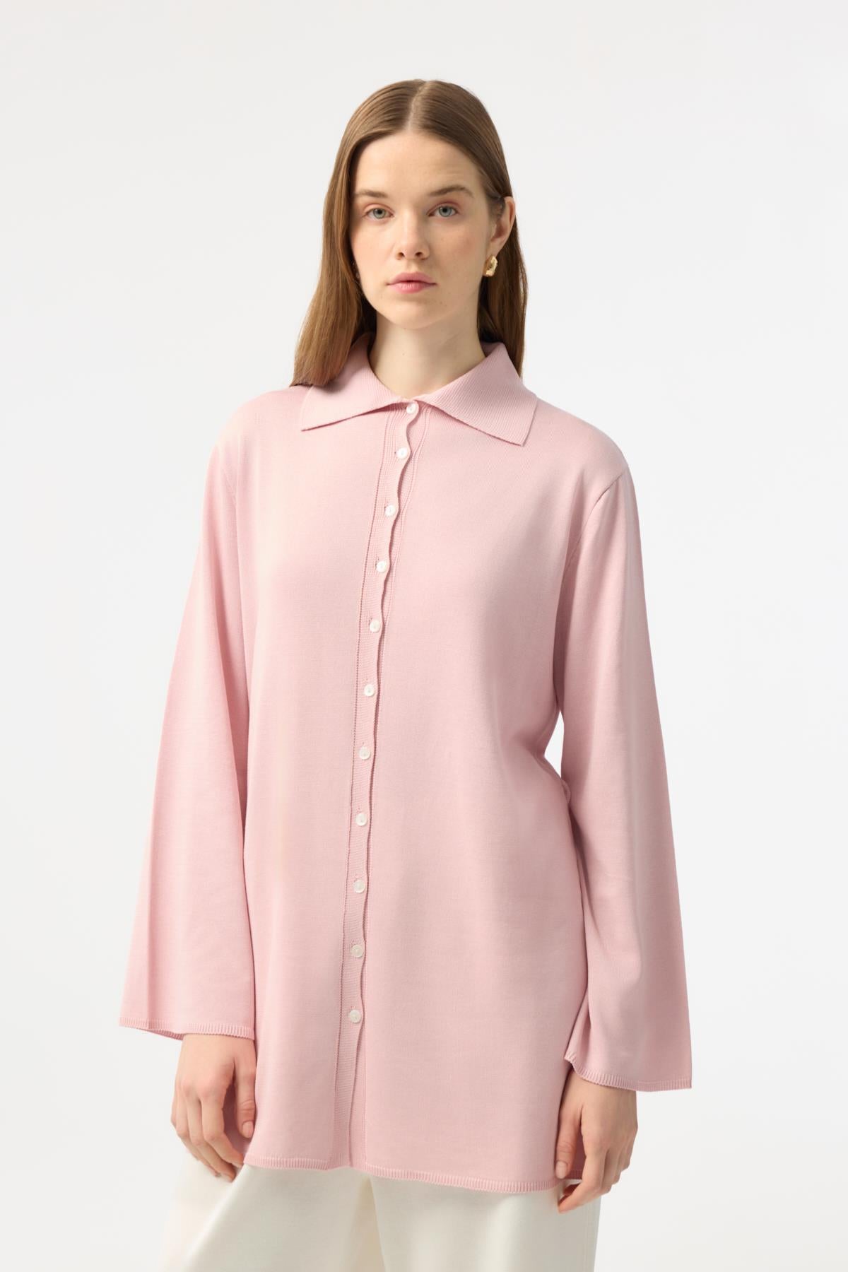 Düğmeli İnce Triko Hırka Pembe