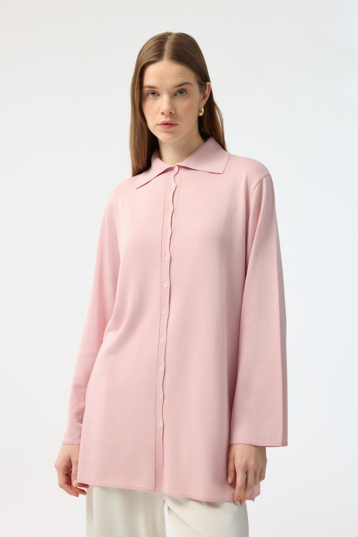 Düğmeli İnce Triko Hırka Pembe