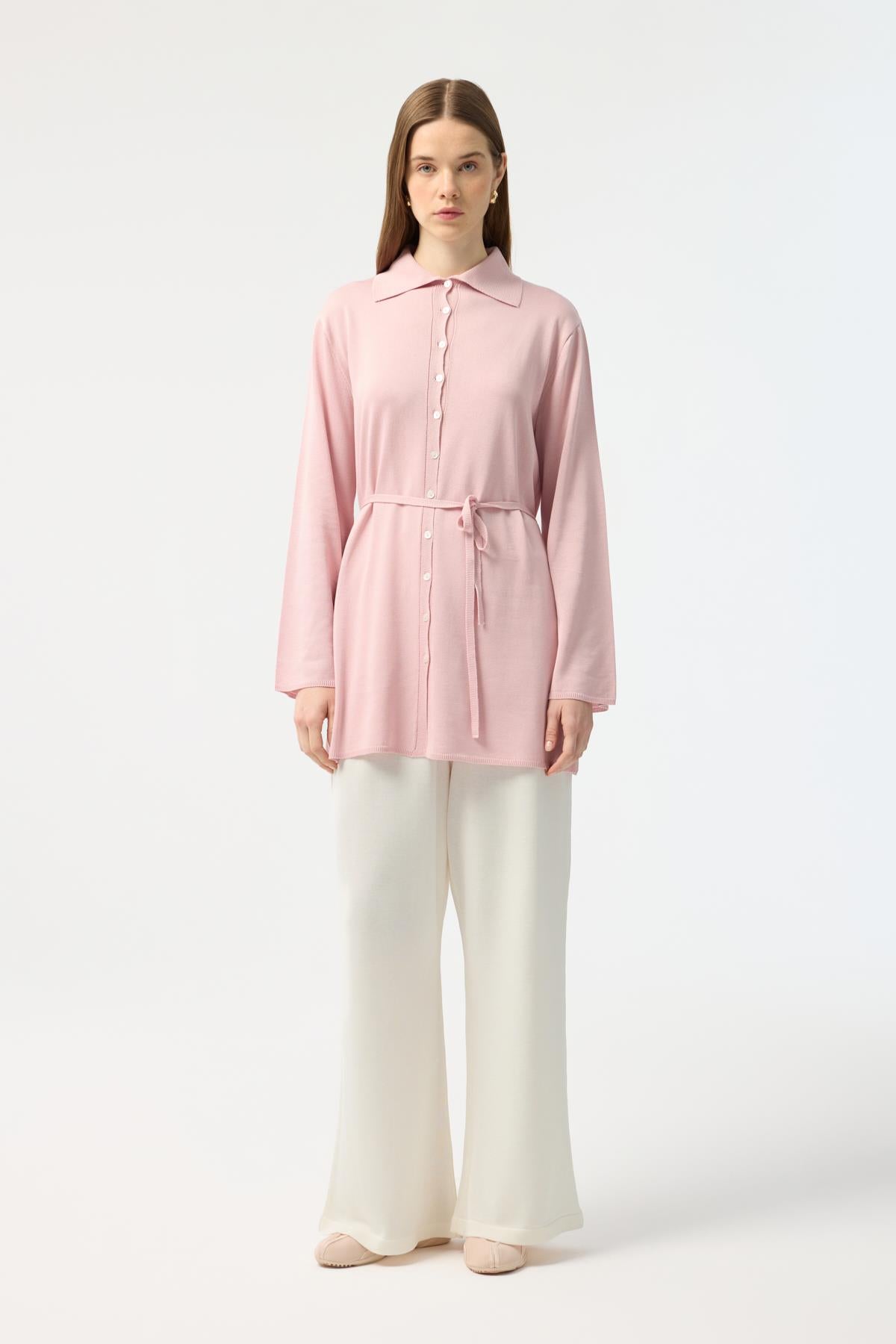 Düğmeli İnce Triko Hırka Pembe