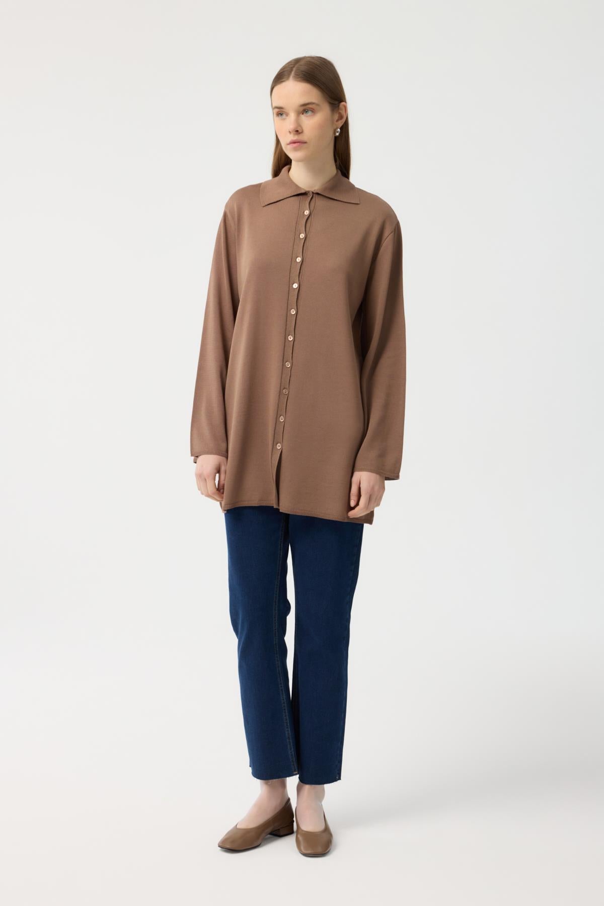 Düğmeli İnce Triko Hırka Toprak