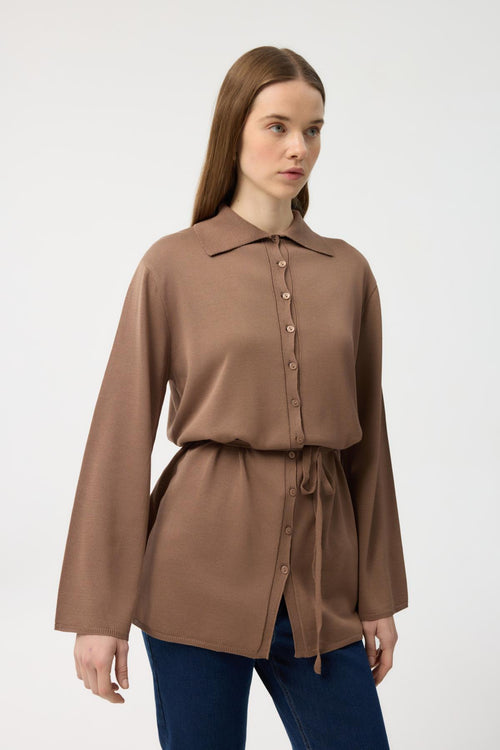 Düğmeli İnce Triko Hırka Toprak