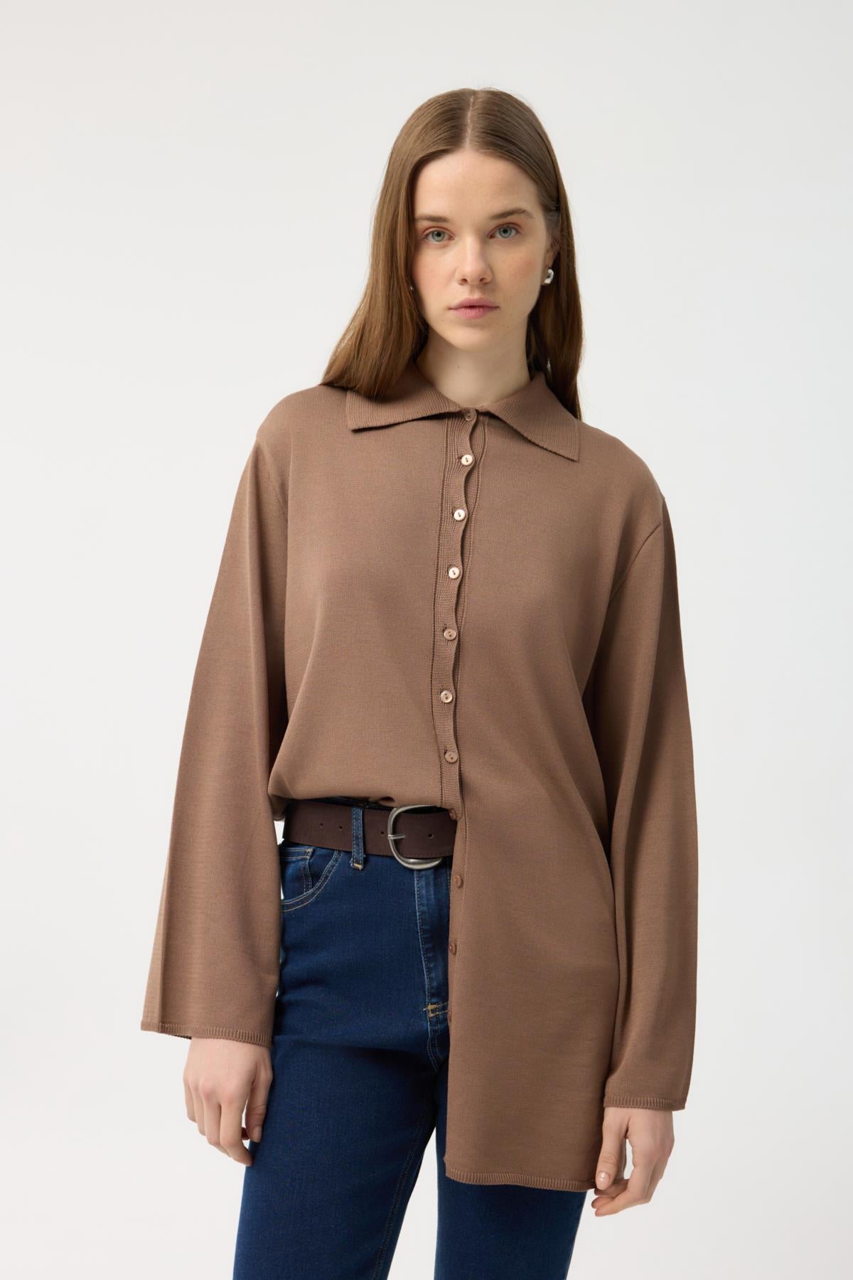 Düğmeli İnce Triko Hırka Toprak