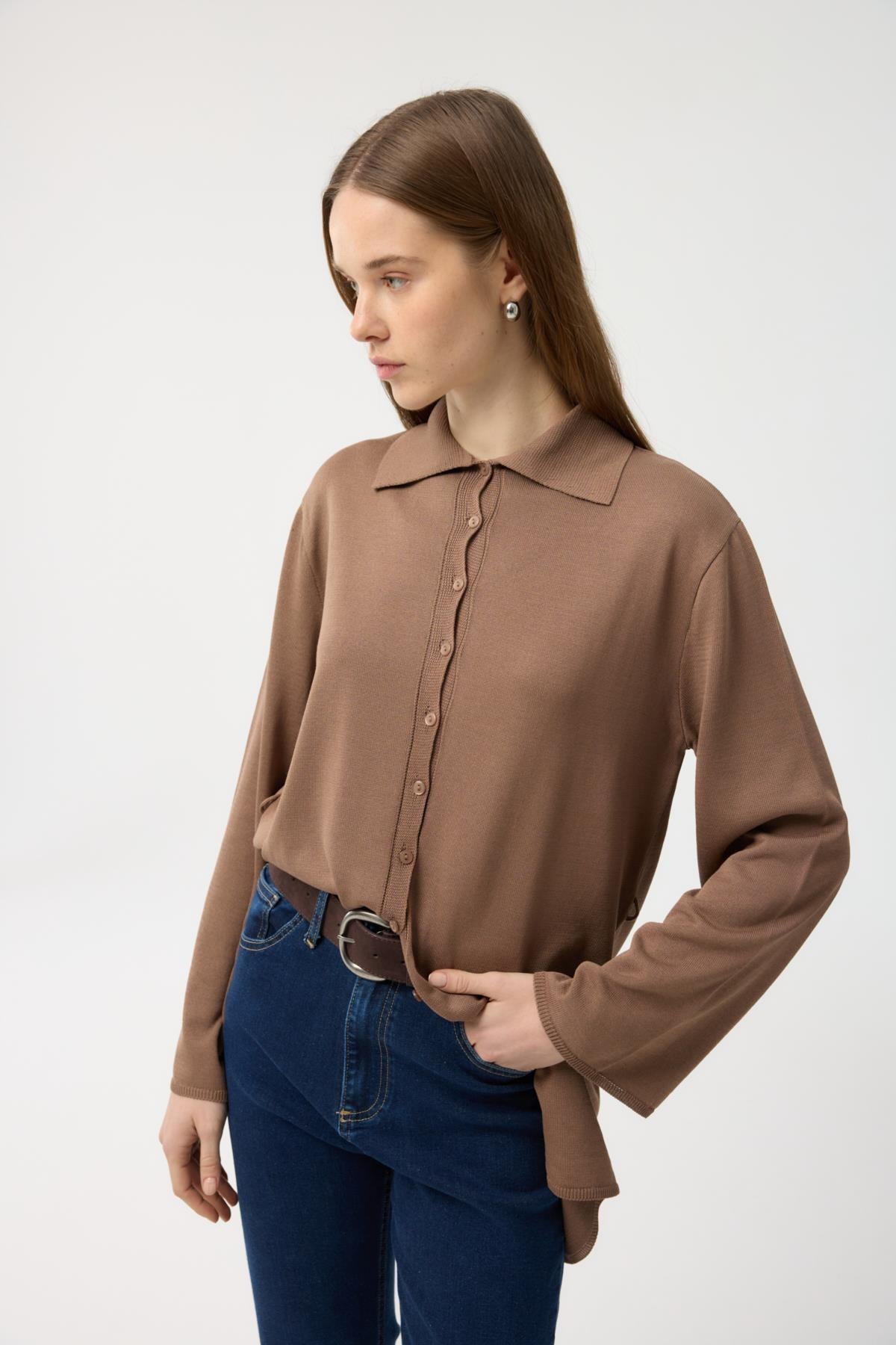 Düğmeli İnce Triko Hırka Toprak