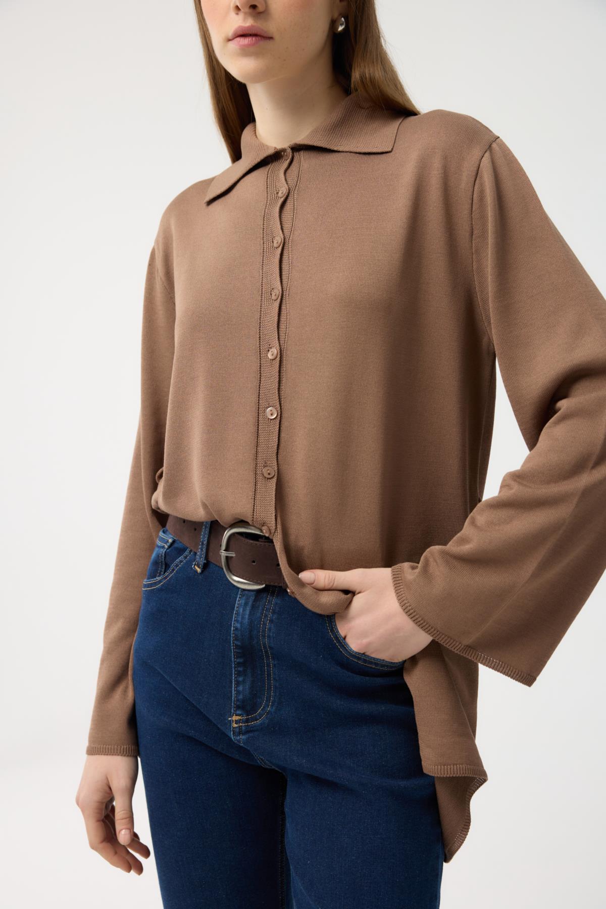 Düğmeli İnce Triko Hırka Toprak