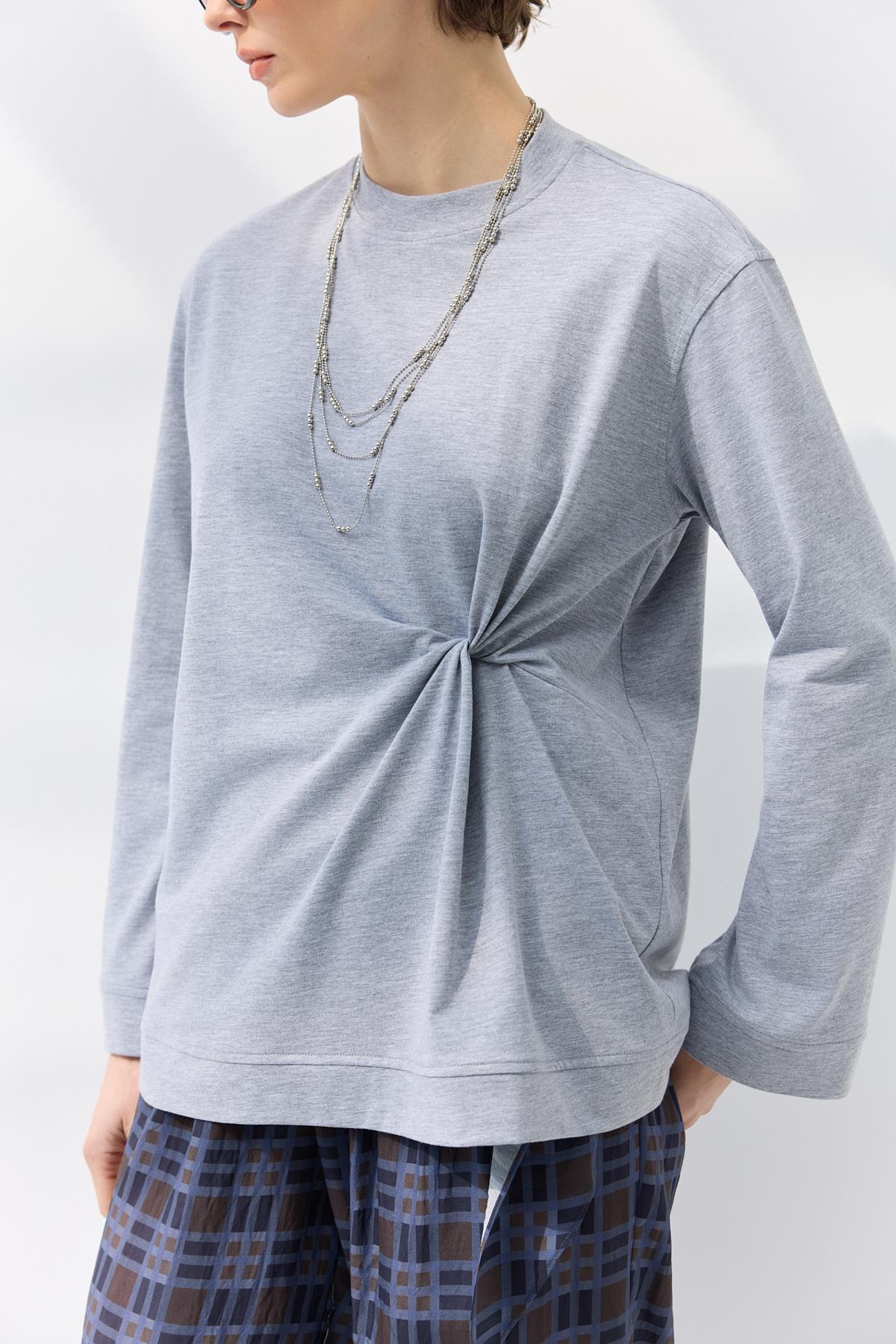 Düğüm Detaylı T-Shirt Gri Melanj