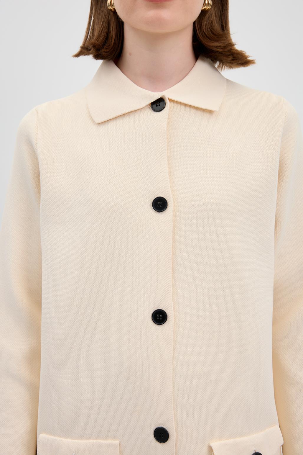 Düz Renk Cepli Triko Hırka Kemik